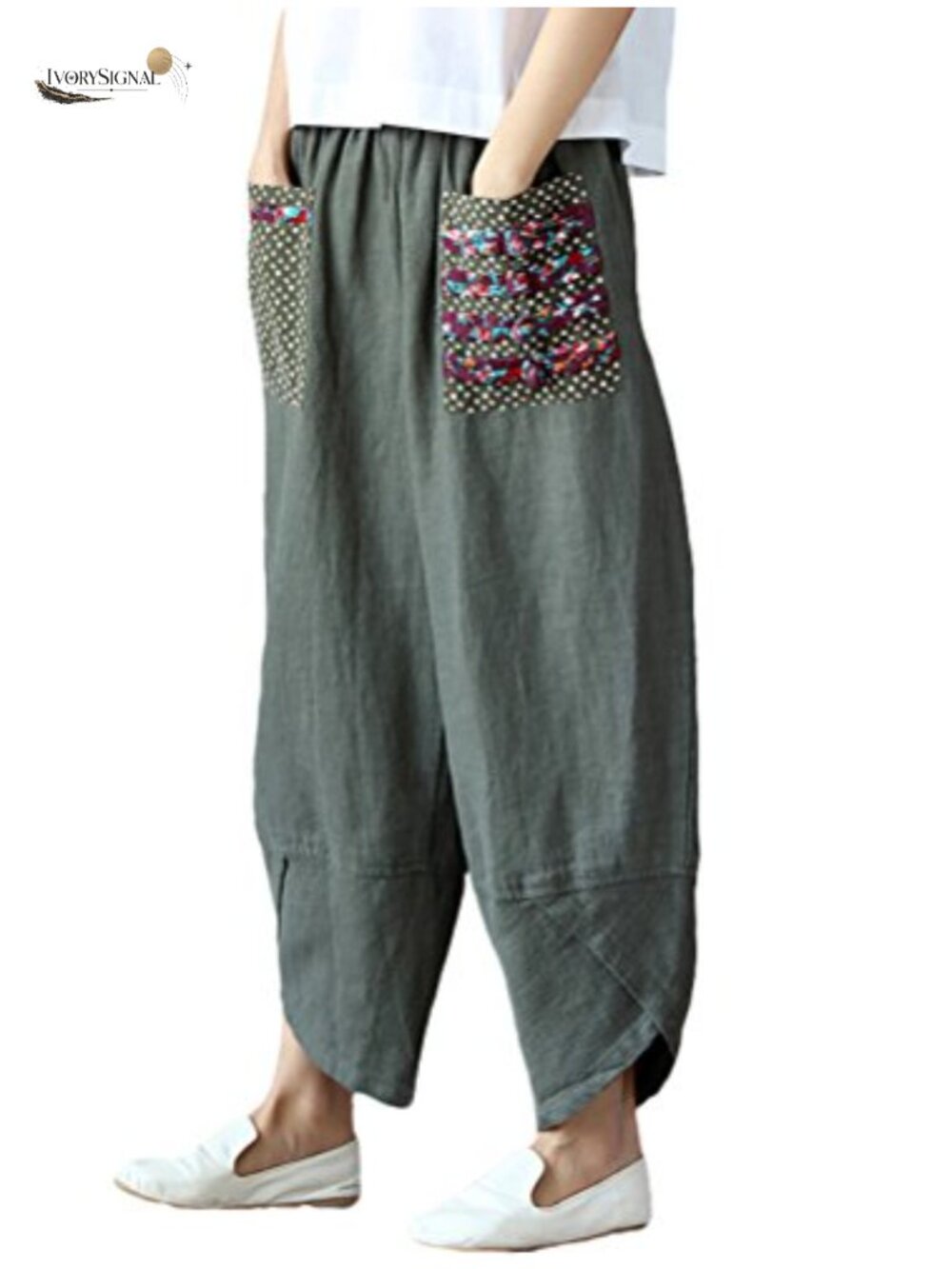 Linen Baggy Wide Leg Harem Pants Casual Elastic Waist Patchwork Lounge Trousers